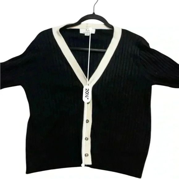 Magaschoni contrast trim button front V-neck sweater medium ribbed wool blend - Picture 4 of 12